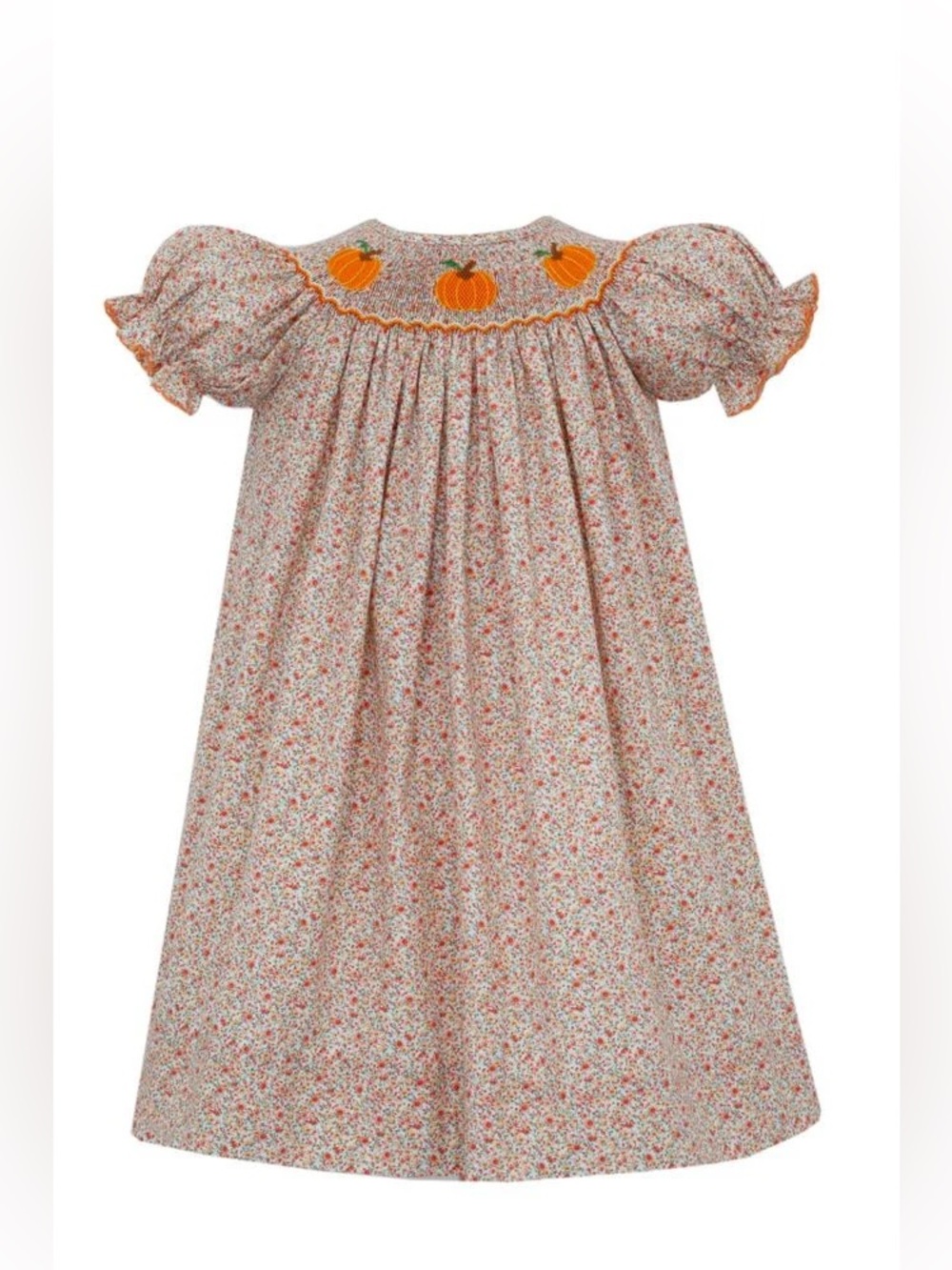 Velani Classics Girls 4T Orange Liberty Floral Smocked Pumpkins Bishop Dress